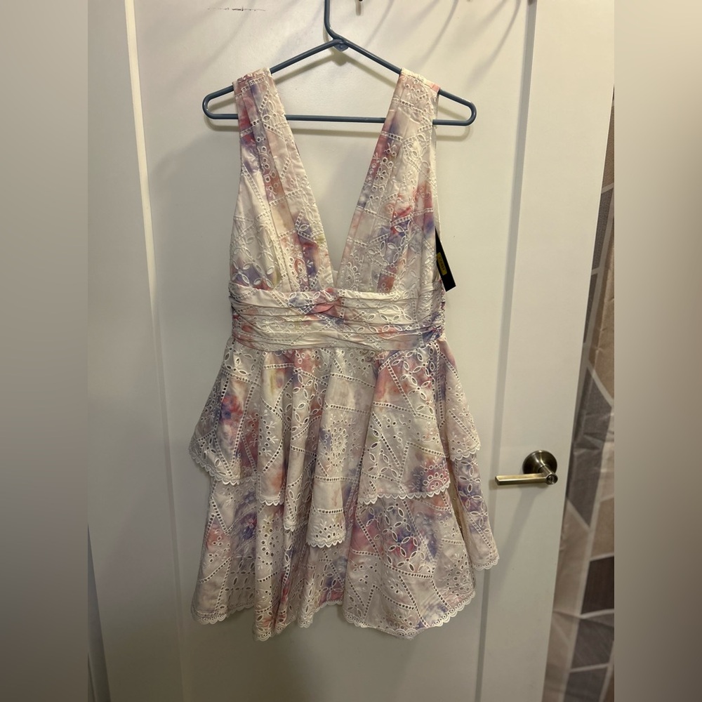Gianni Bini White Eyelet Tiered Dress with Pastel Floral Accents - Picture 2 of 12